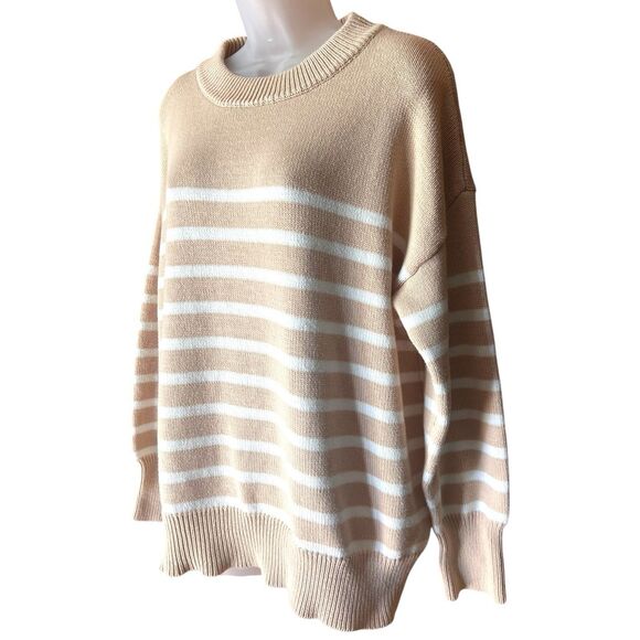 Neutral Beige/White Stripe Crew Neck Pullover Sweater Sz L Classic Minimalist - Picture 3 of 6